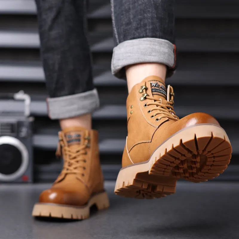 Men's brown leather high-top boots with side zipper and round toe design