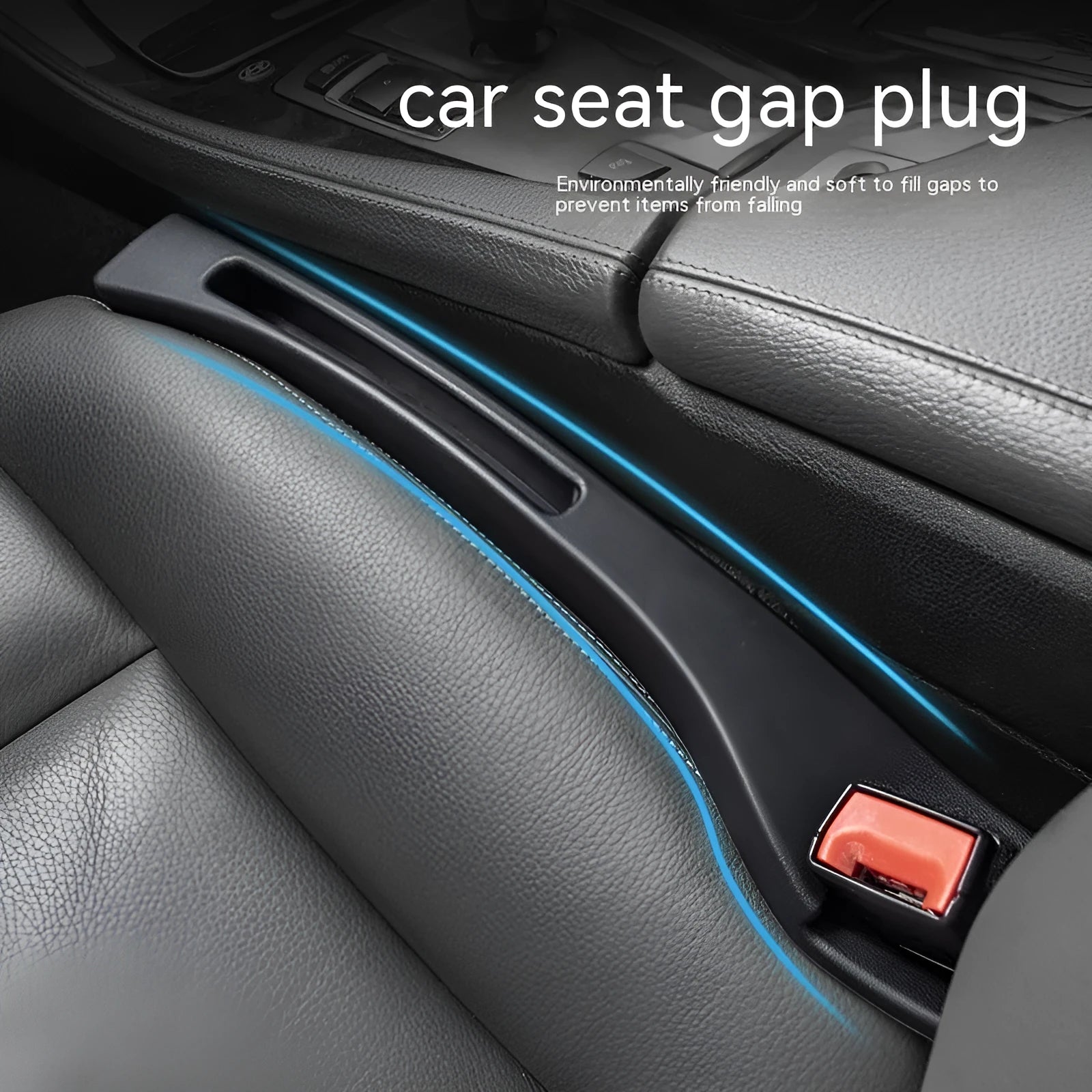 Black car seat gap storage box organiser between vehicle front seats with customisable handles