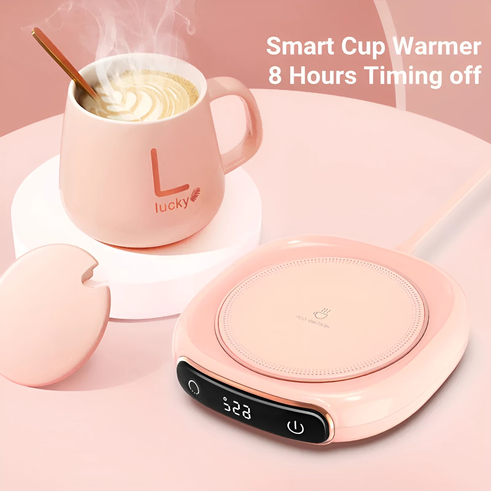 White USB coffee mug warmer coaster with dimensions 130x110x23mm on wooden desk