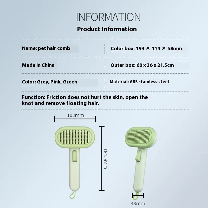Large pet hair removal comb with stainless steel blade in light grey, green, or pink for detangling cat and dog fur