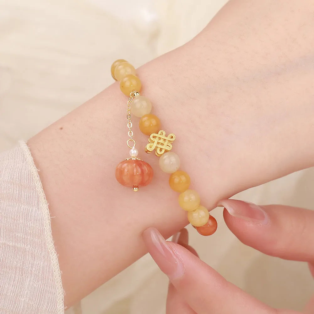 Handmade Jinsi Jade pumpkin beads bracelet, 6mm golden yellow, retro women's jewellery