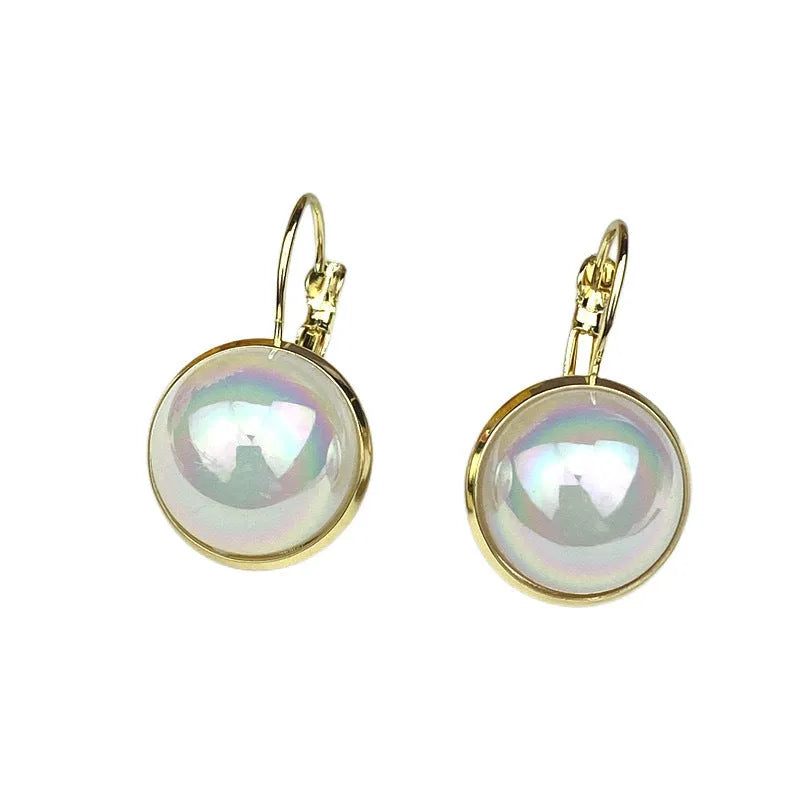 Geometric round metal ear clips with colourful mermaid pearl finish and anti-lost clip design