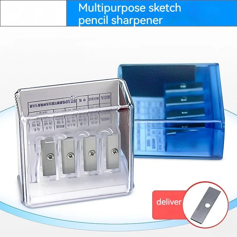 Geometric four-hole plastic pencil sharpener with spare blades and a screwdriver on a white background