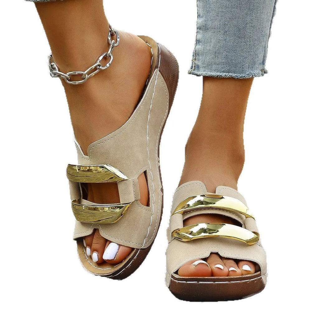 Roman style platform sandals in four colours with artificial PU upper and flat rubber sole