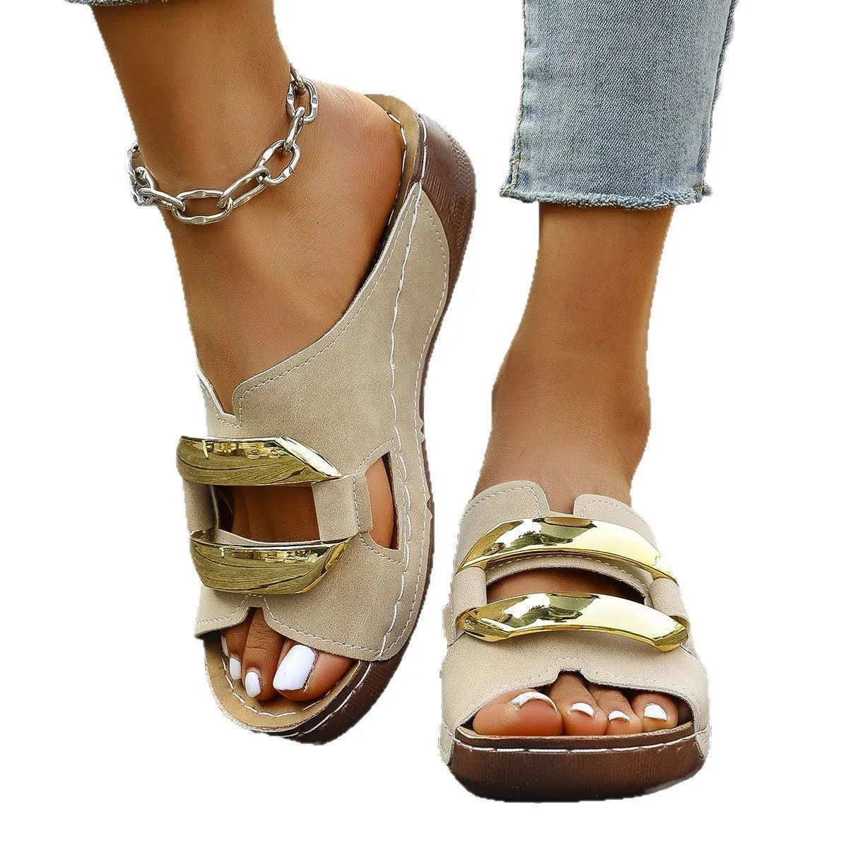 Roman style platform sandals in four colours with artificial PU upper and flat rubber sole