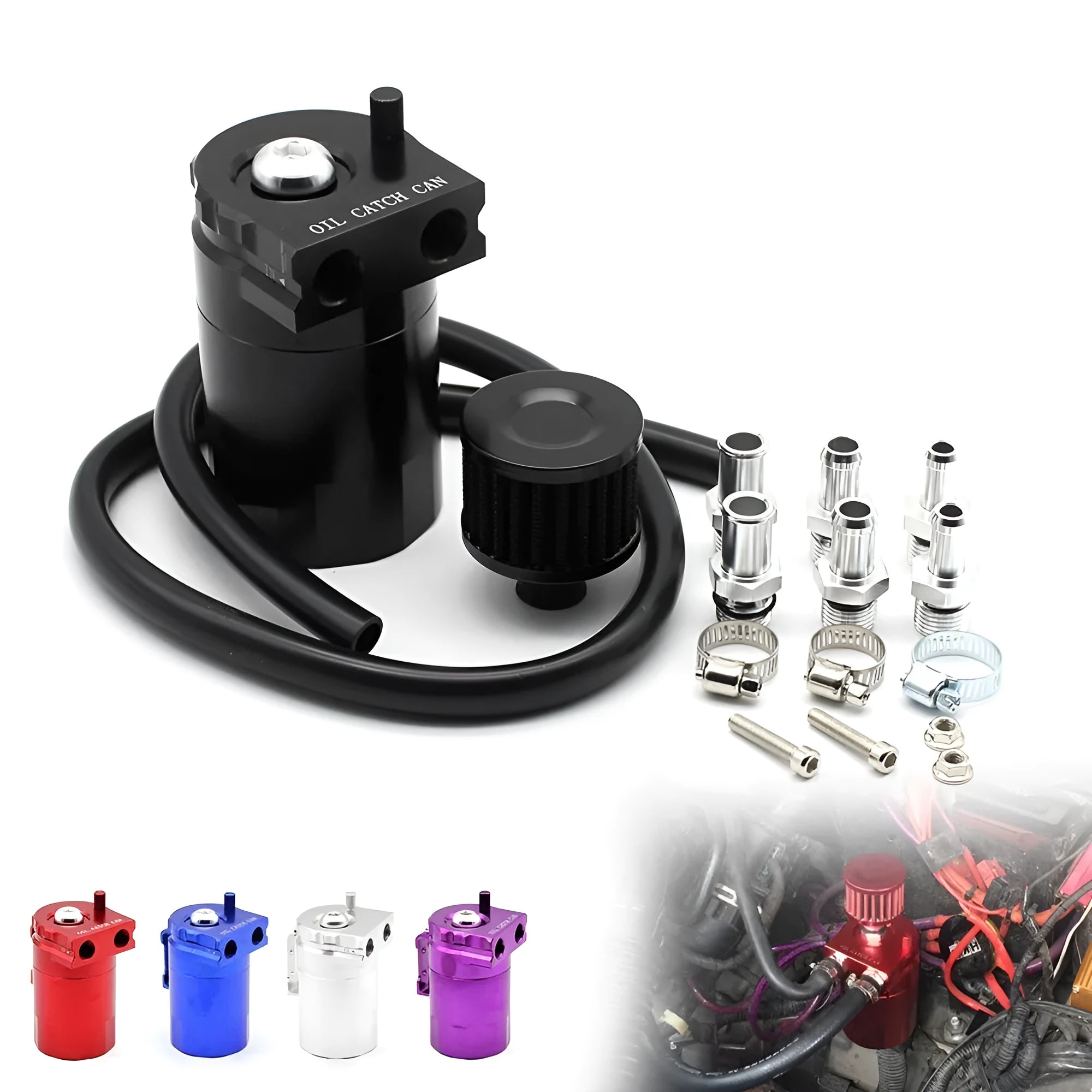 Car modification aluminium alloy engine oil breather pot in red, blue, black, and silver colours.