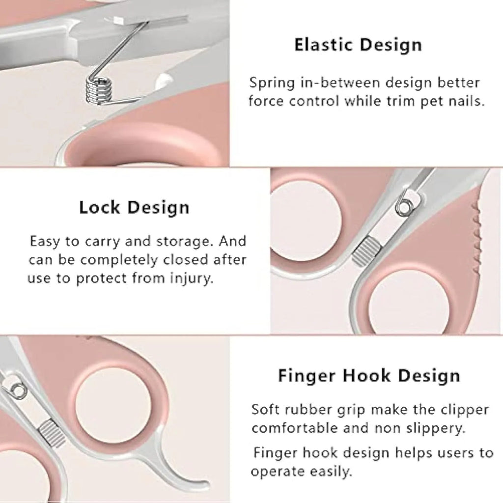 Grey and pink cat nail clippers with safety guard and angled stainless steel blade for small pet grooming