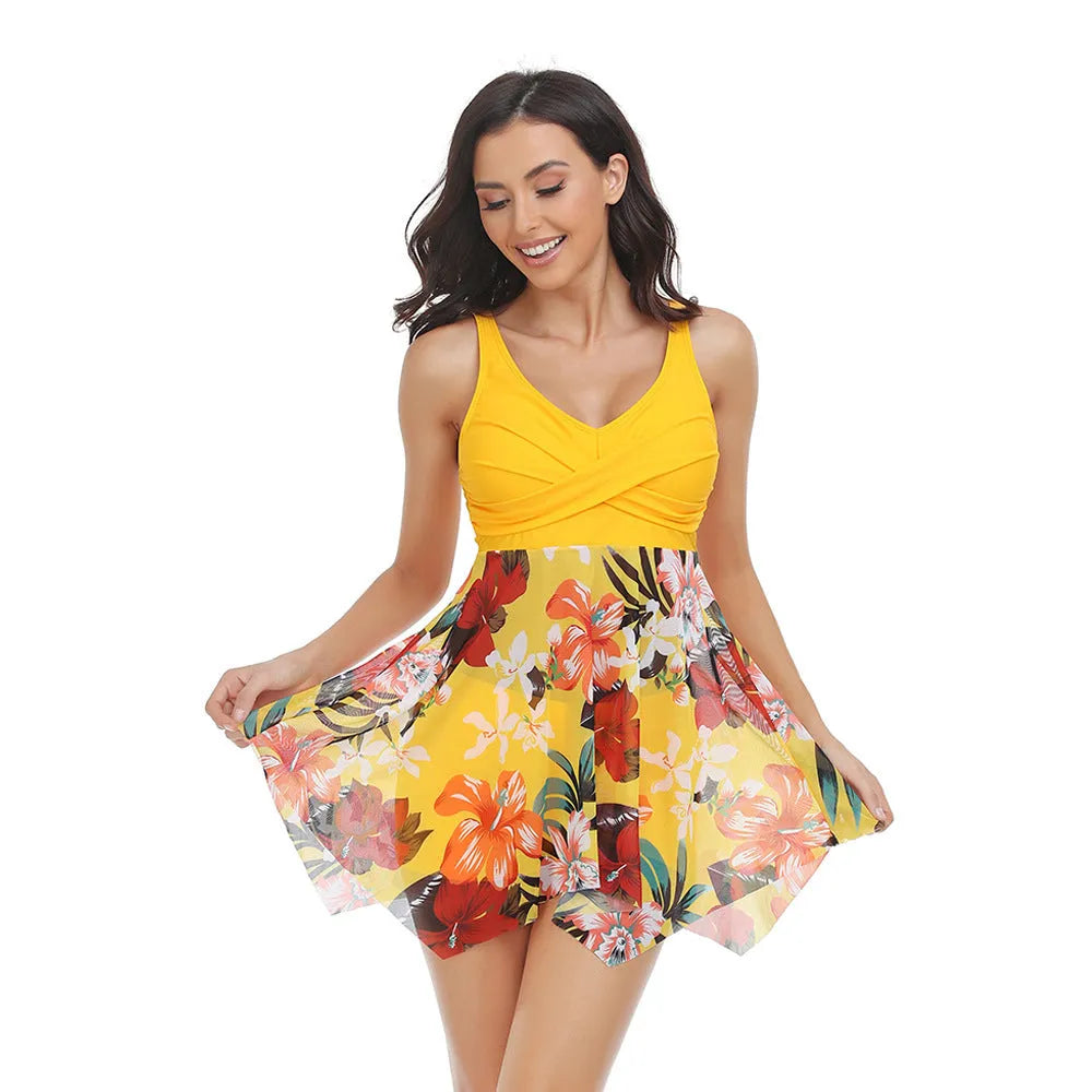 Women's one-piece swimsuit with tulle skirt and high leg split in various colours