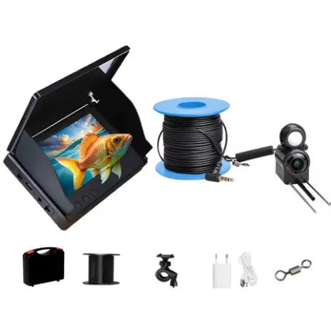 Portable fish finder underwater camera with a 4.3-inch screen, showing the camera unit with night vision LEDs.