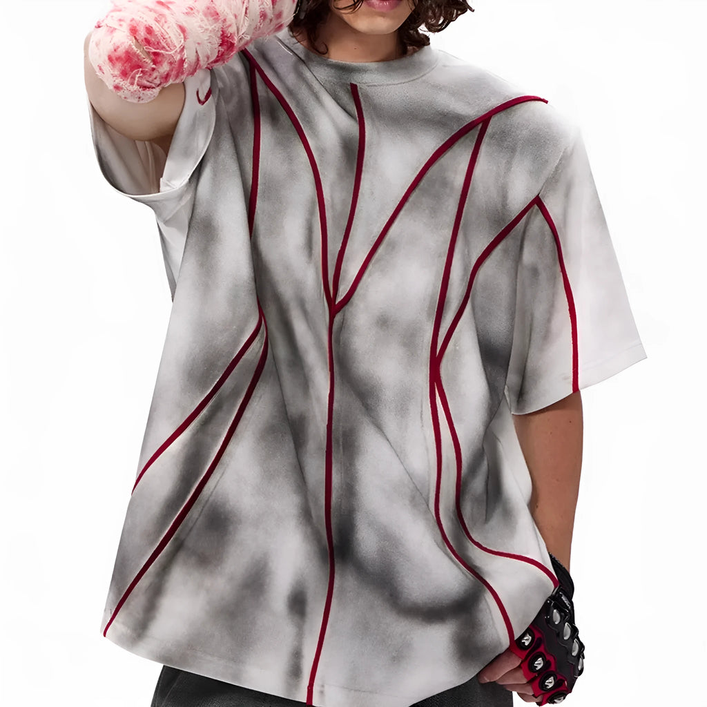 Padded shoulder short sleeve T-shirt with three-dimensional line patchwork and round neck