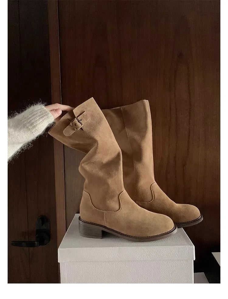 Cowhide suede below-the-knee boots with chunky heel, metal buckle, and round toe in khaki black grey