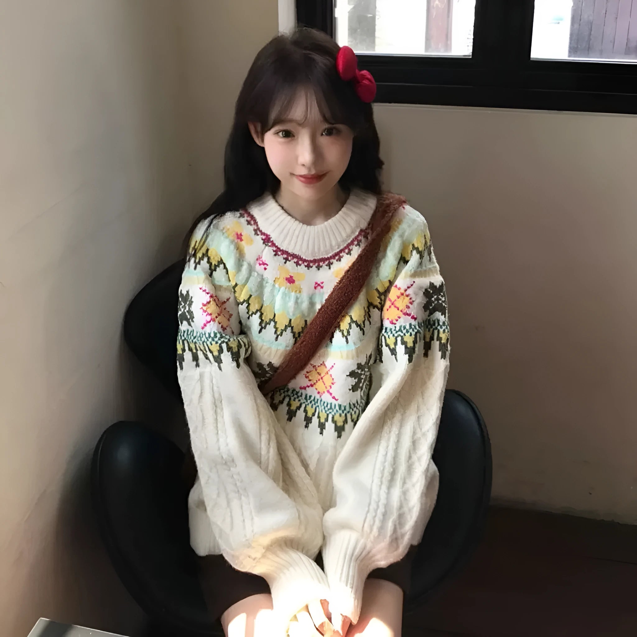 Milky white women's pullover sweater with lantern sleeves and a loose fit.