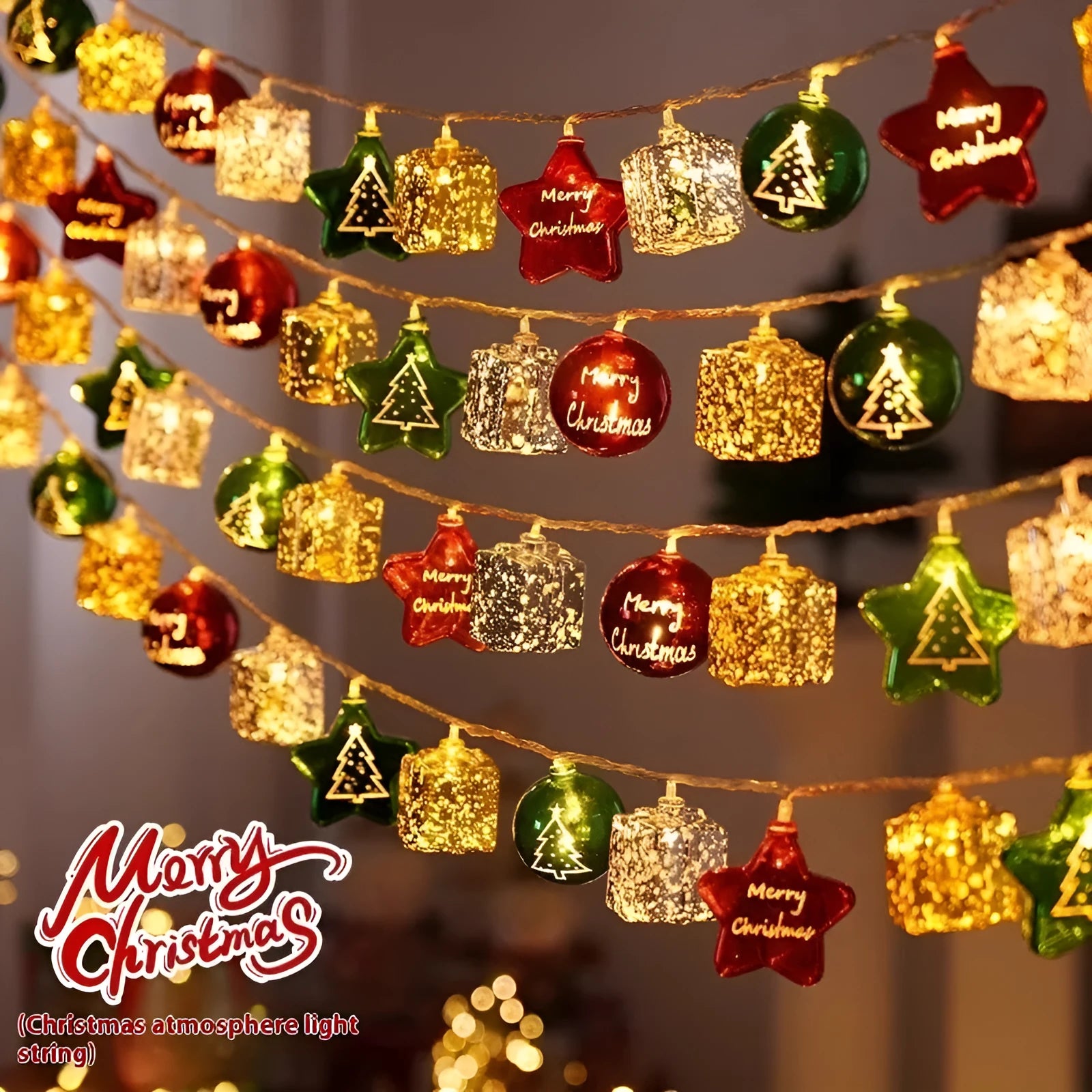 Electroplating ball Christmas lights string with XINGX pendant in gold and star decorations