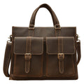 Handmade dark brown leather men's briefcase with top layer cowhide texture holding a 15-inch notebook and folder