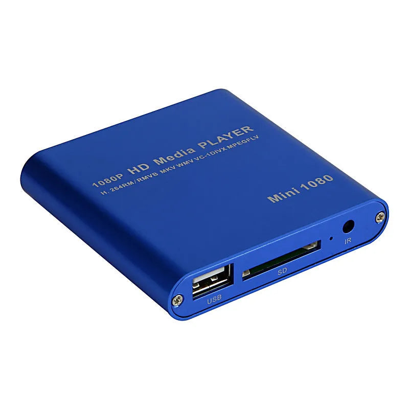 Compact black and blue all-metal 1080P Full HD media player with remote control