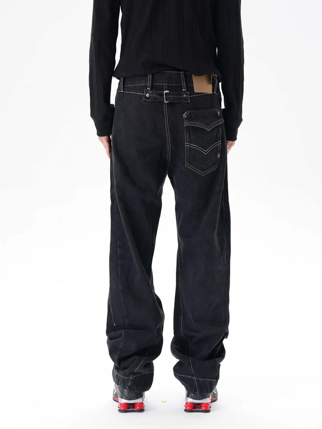 Men's black contrast colour wide leg machete jeans with mid waist and zipper fly, sizes M to 2XL
