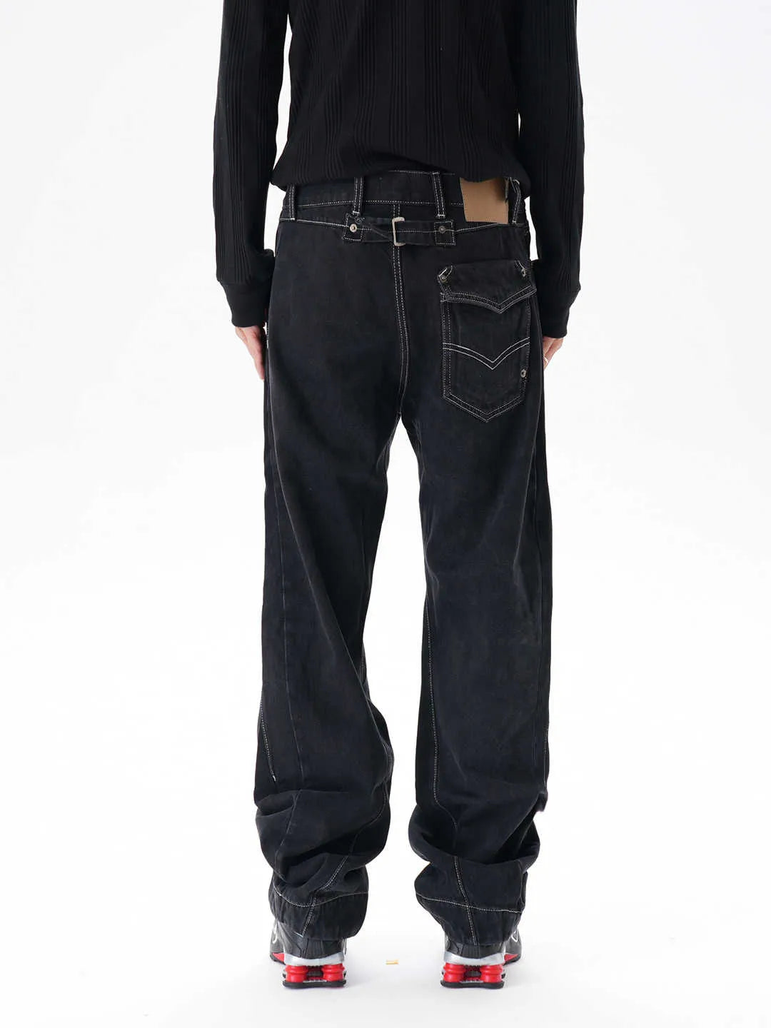 Men's black contrast colour wide leg machete jeans with mid waist and zipper fly, sizes M to 2XL
