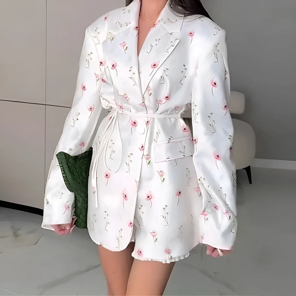 Women's suit jacket with lace-up waist detail in polyester fabric, available in multiple colours