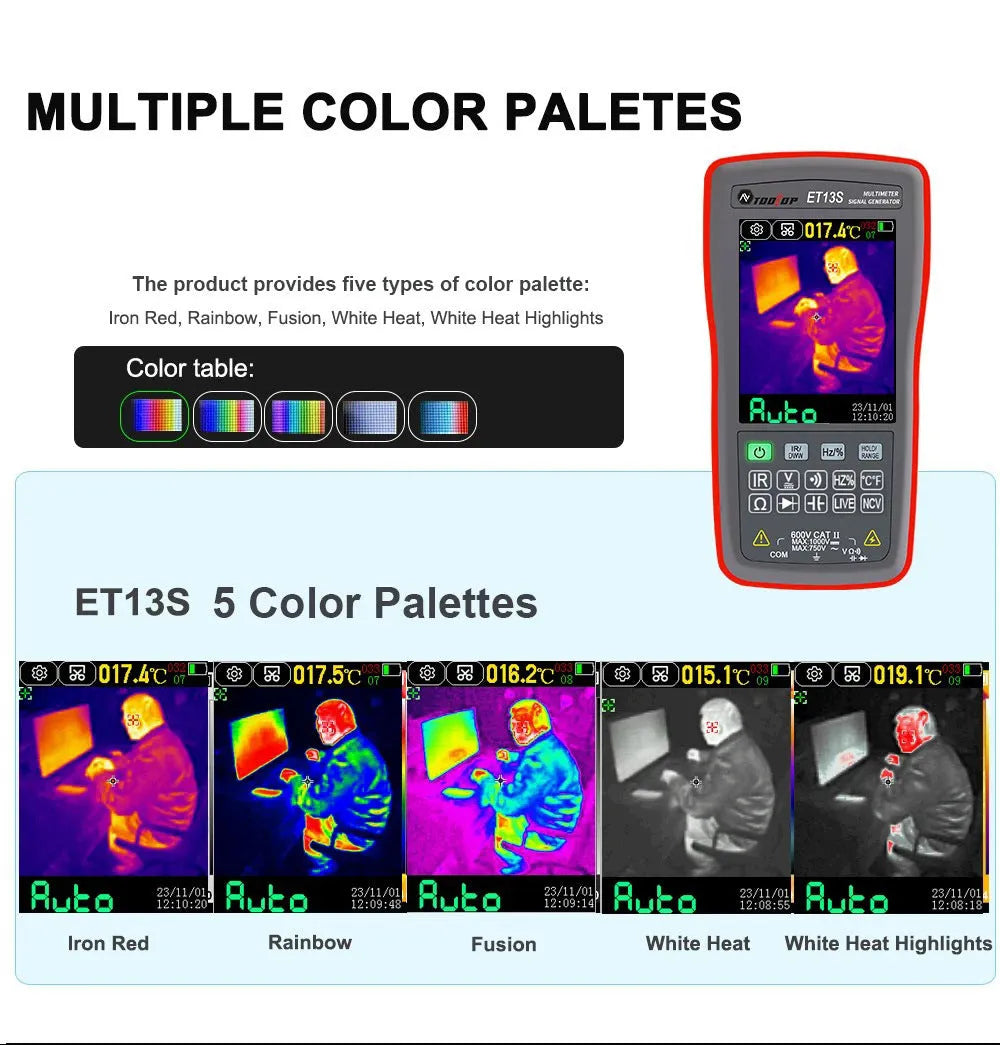 ET13S thermal imaging multimeter showing thermal camera display on its 2.8-inch screen.