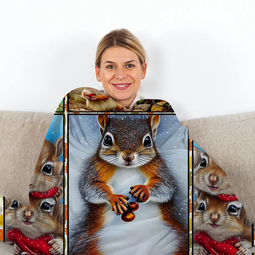 Flannel white bellied squirrel printed blanket in yellow with squirrel pet theme design