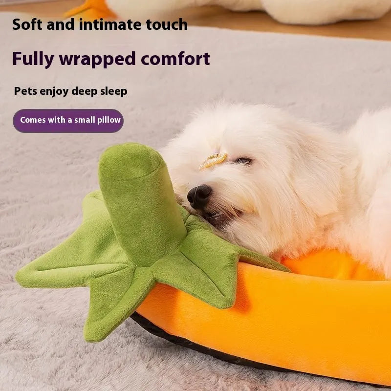 Removable washable dog bed mat in cloth fabric, shown in purple colour on a wooden floor.