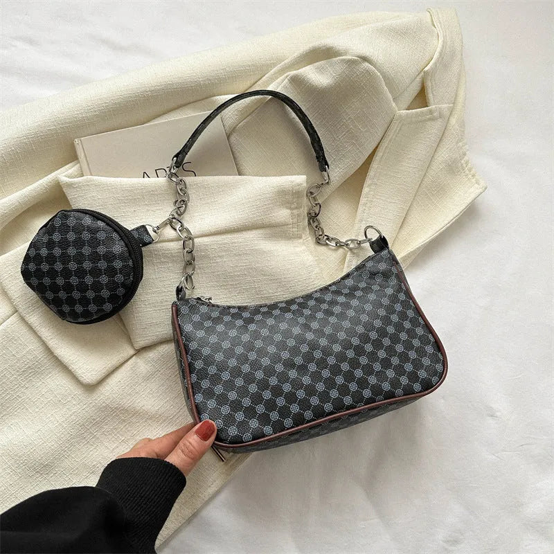 Small square PU leather shoulder bag in beige with detachable small bag on white background