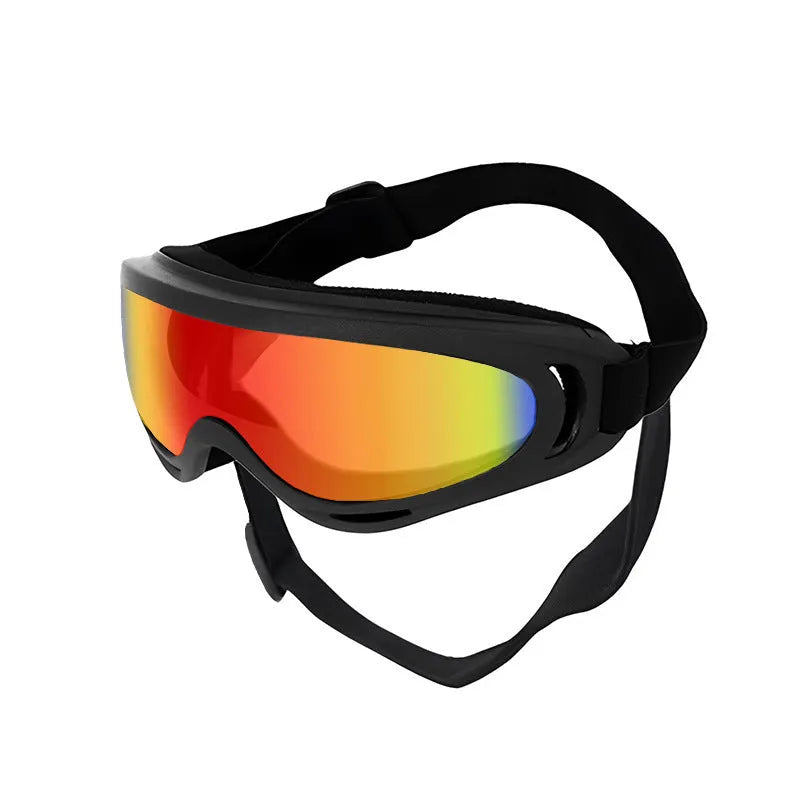 Dog windproof plastic pet glasses with coloured lenses, PVC frame, 18x8x7cm size on a small dog