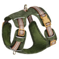 Brown retro leather dog harness with reflective stitching and explosion-proof buckle on adjustable chest strap