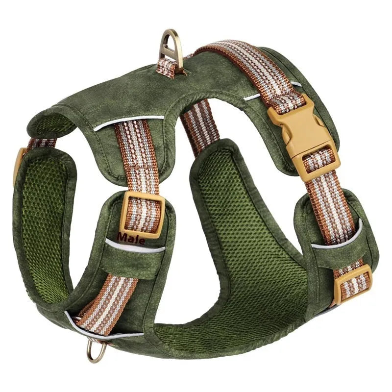 Brown retro leather dog harness with reflective stitching and explosion-proof buckle on adjustable chest strap