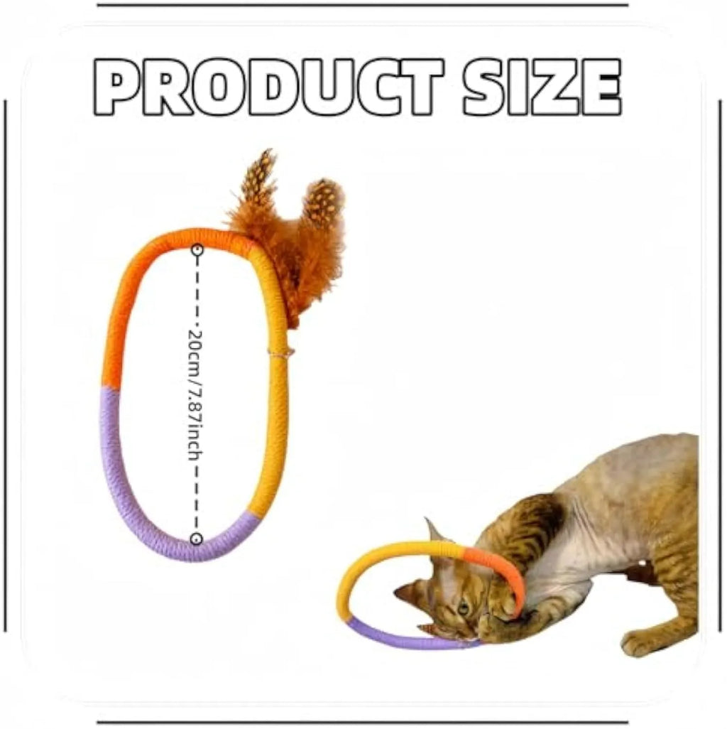 Circular green cotton rope cat toy with feathers and catnip for interactive feline play