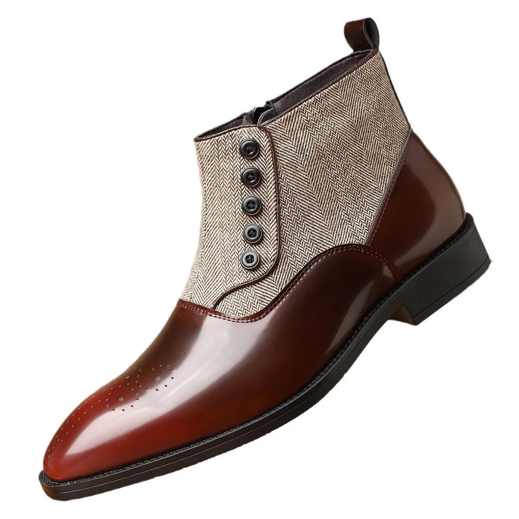 Men's brown retro formal shoes with side zip and square toe on a white background.