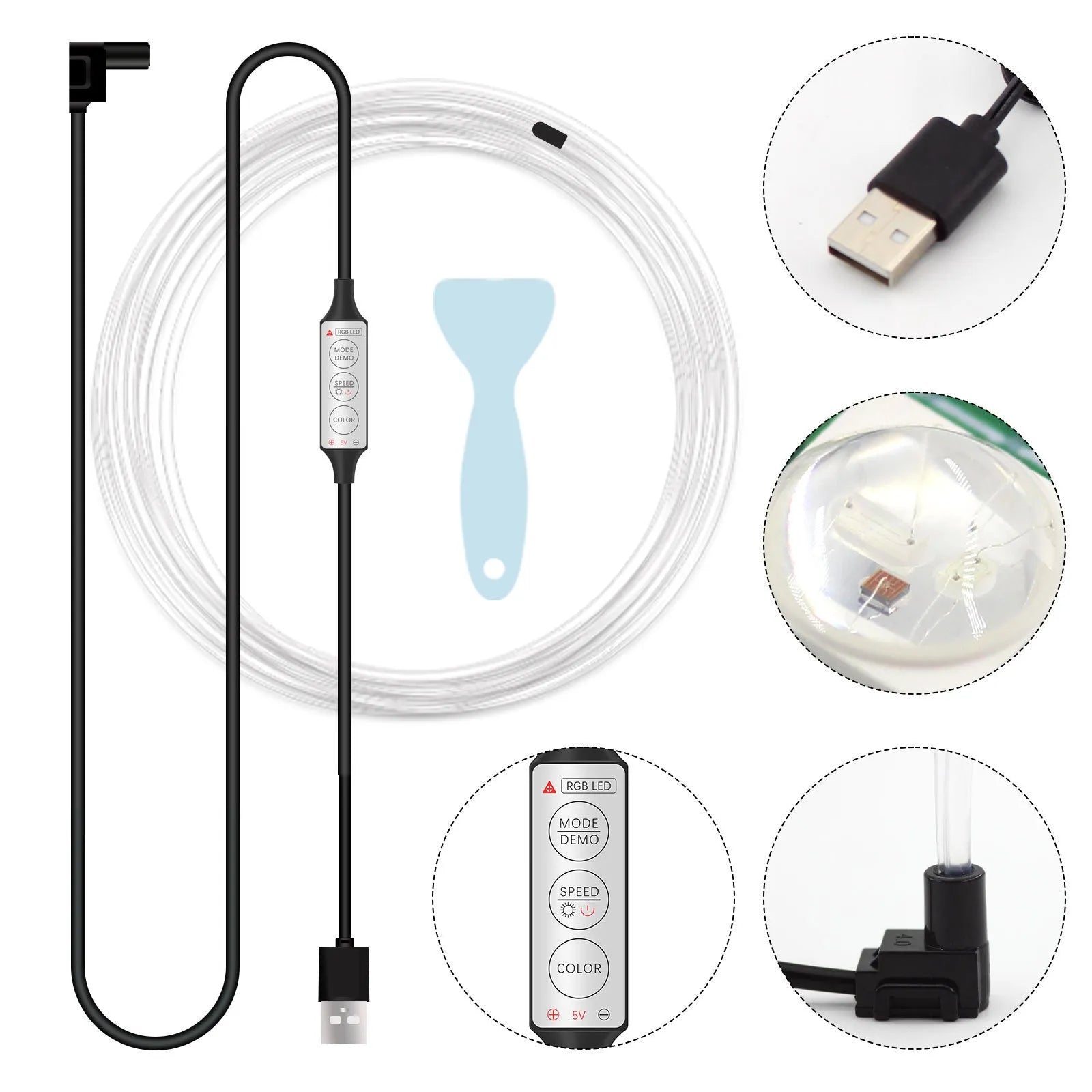 5 metre long RGB LED light strip and manual controller for car interior illumination