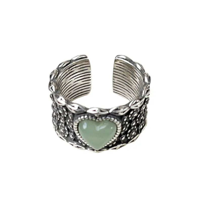 Retro style adjustable silver ring with a large heart shape and moon design in white or green colour.