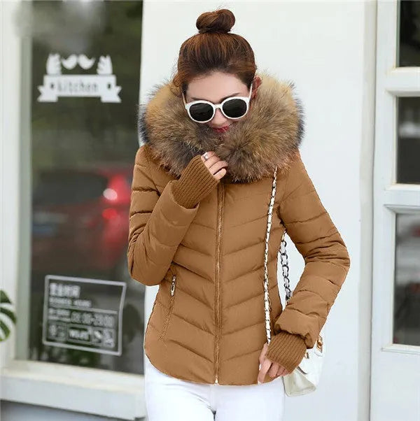 Women's winter parka jacket in black with cotton down fill and polyester fabric, ordinary length 50-65cm