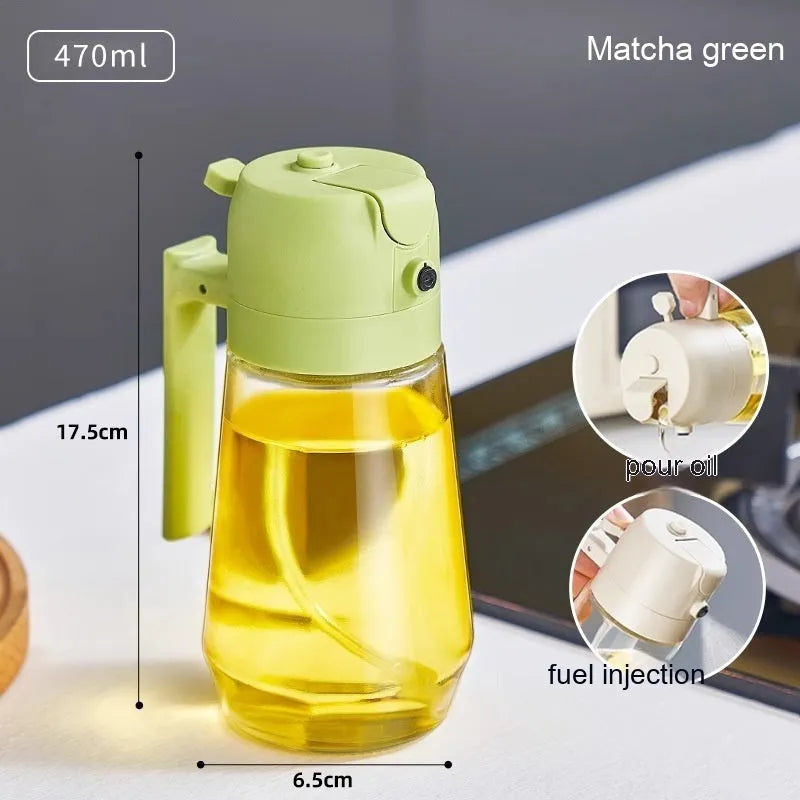 Glass oil sprayer and pour dispenser bottle in beige, yellow, green, or black with ergonomic handle.