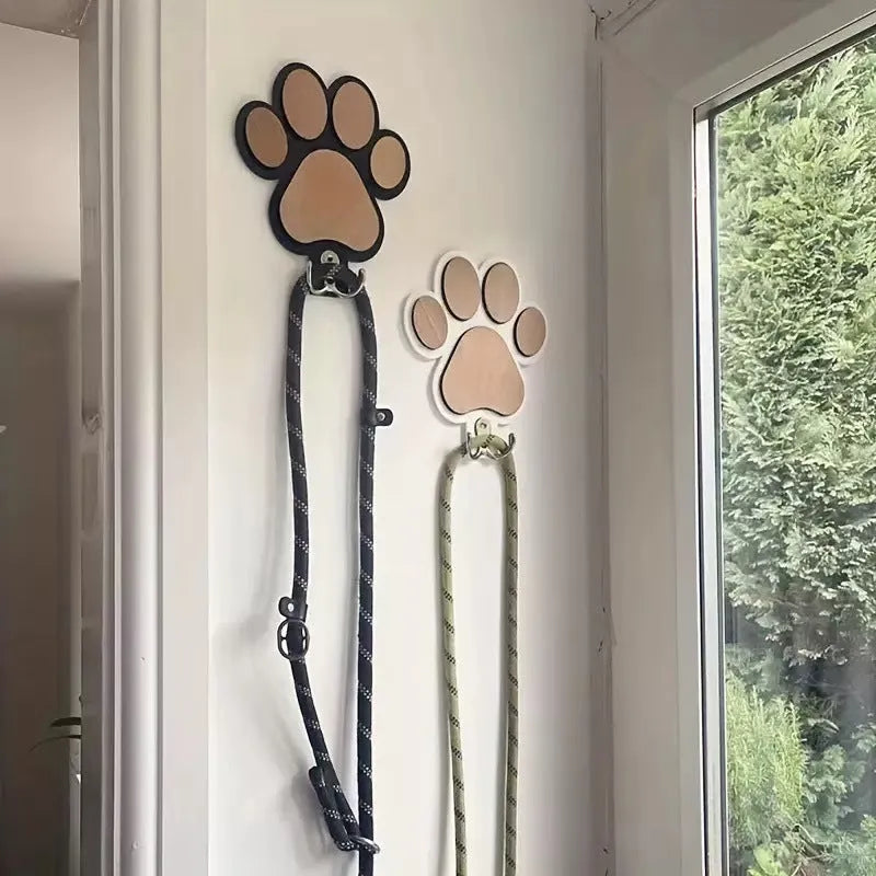 Wooden wall hook with paw print design in black or white for household organisation
