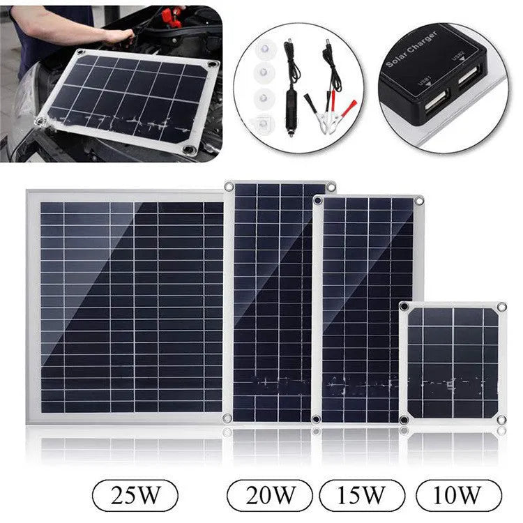 Polysilicon solar panel charger with dual USB ports for outdoor device charging.