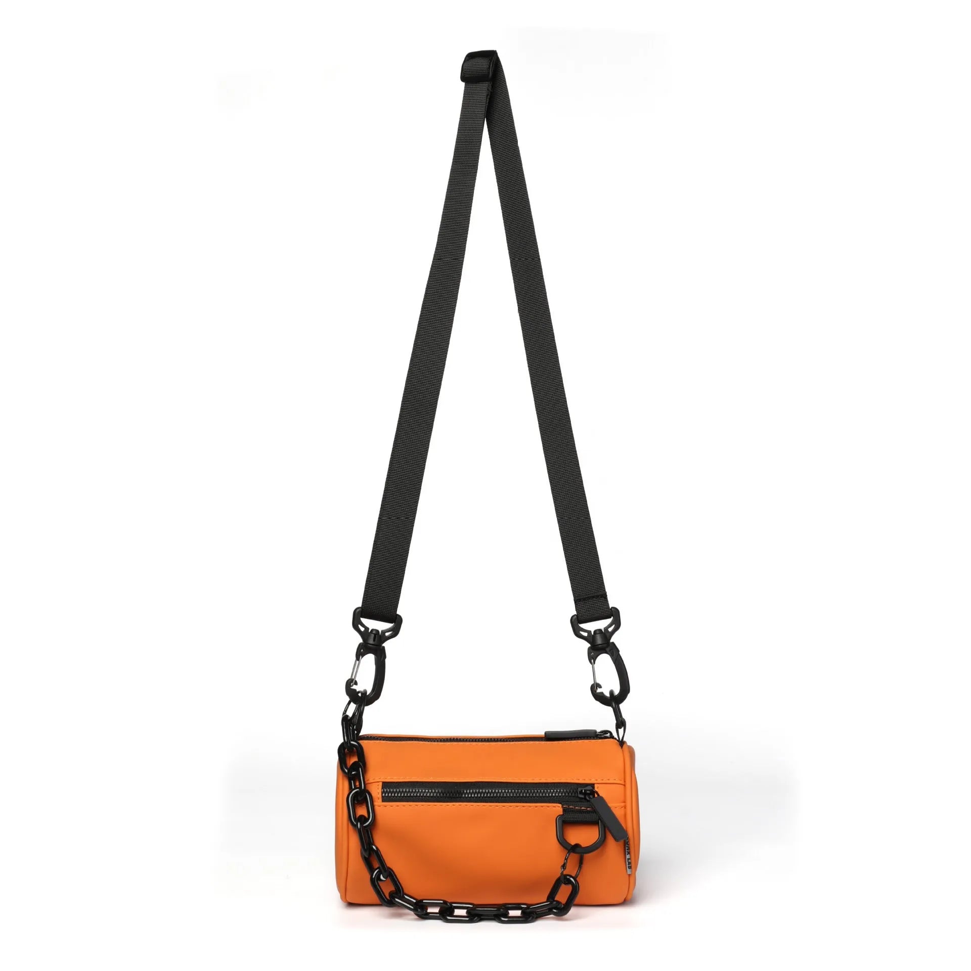 Oxford cloth crossbody messenger bag with chain details in black, grey, or orange colour.