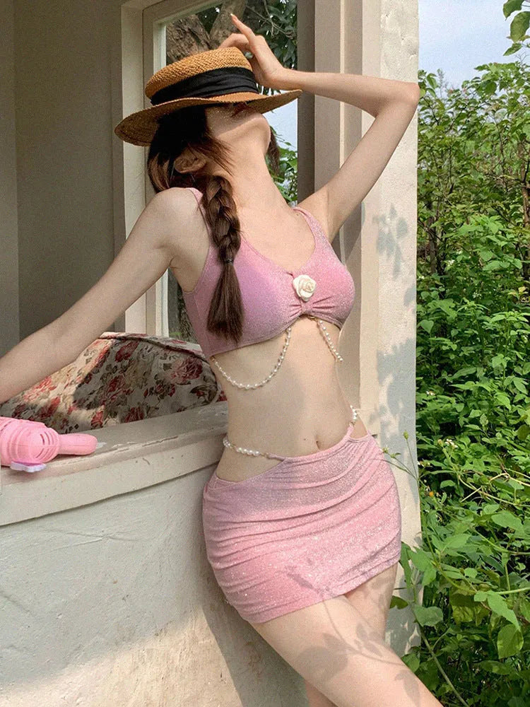 Women's pink and black three-piece polyester bikini set for swimming and hot springs