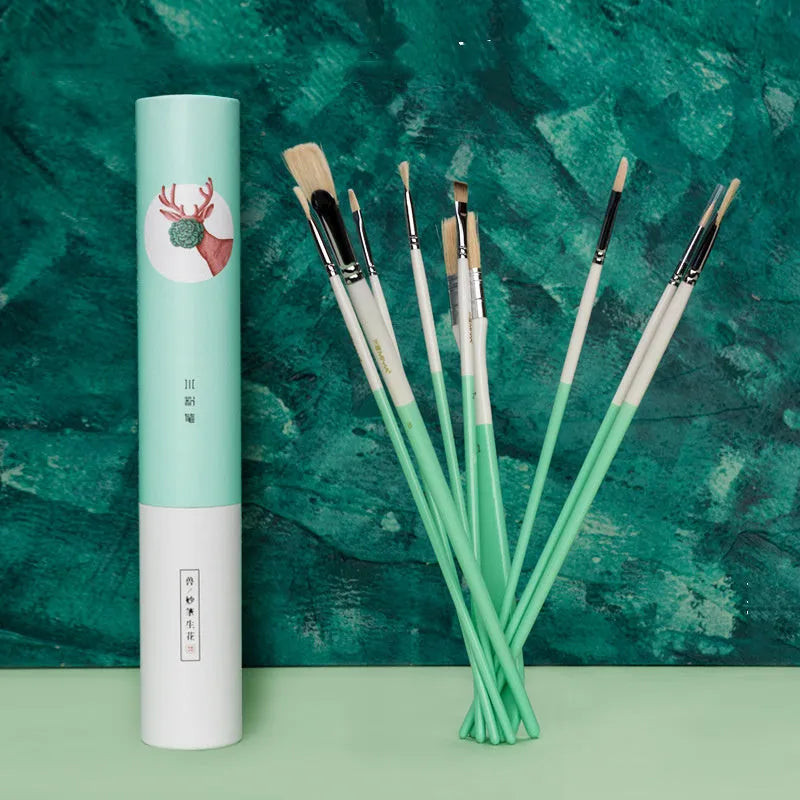 Set of eight artist brushes with fan, corner, wide, and liner shapes in animal design styles.