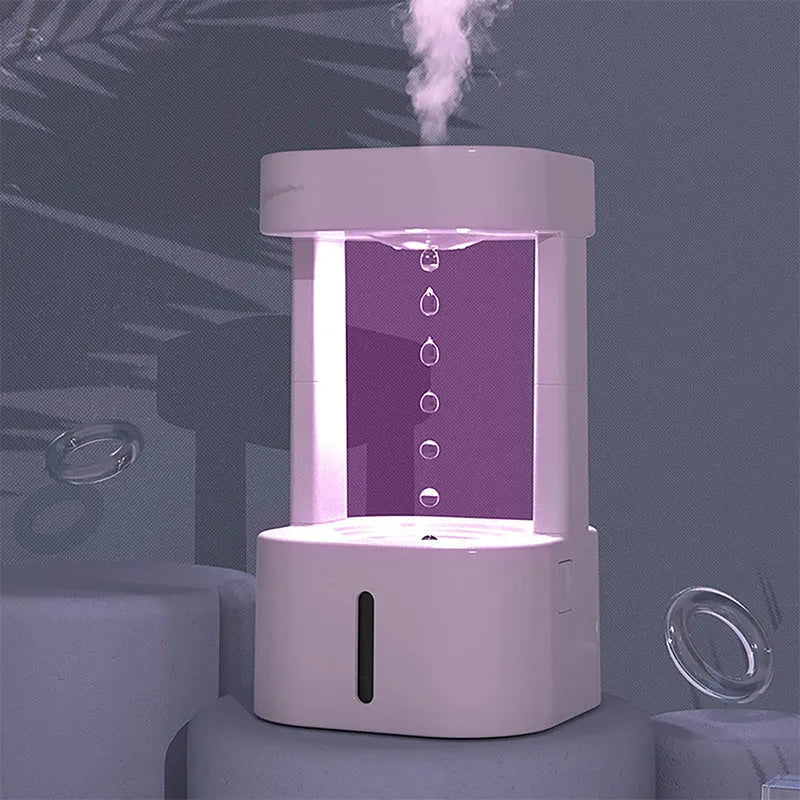 Creative anti-gravity water drop humidifier with optical water droplet illusion and colour lighting
