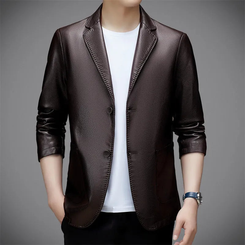 Men's trendy PU leather jacket coat in black, Korean style, sizes 170-195