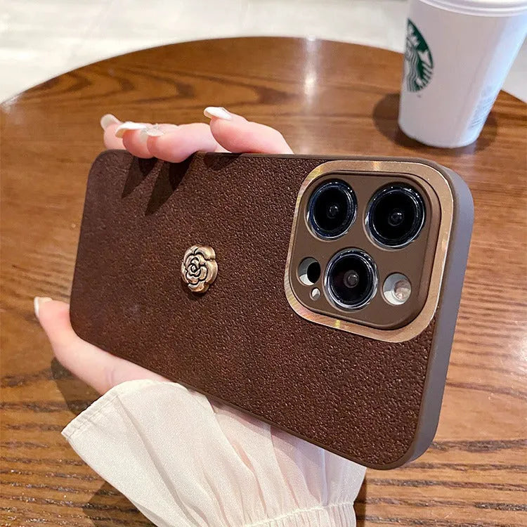 Brown Camellia phone case with frosted finish for iPhone 11 12 X Xs 14