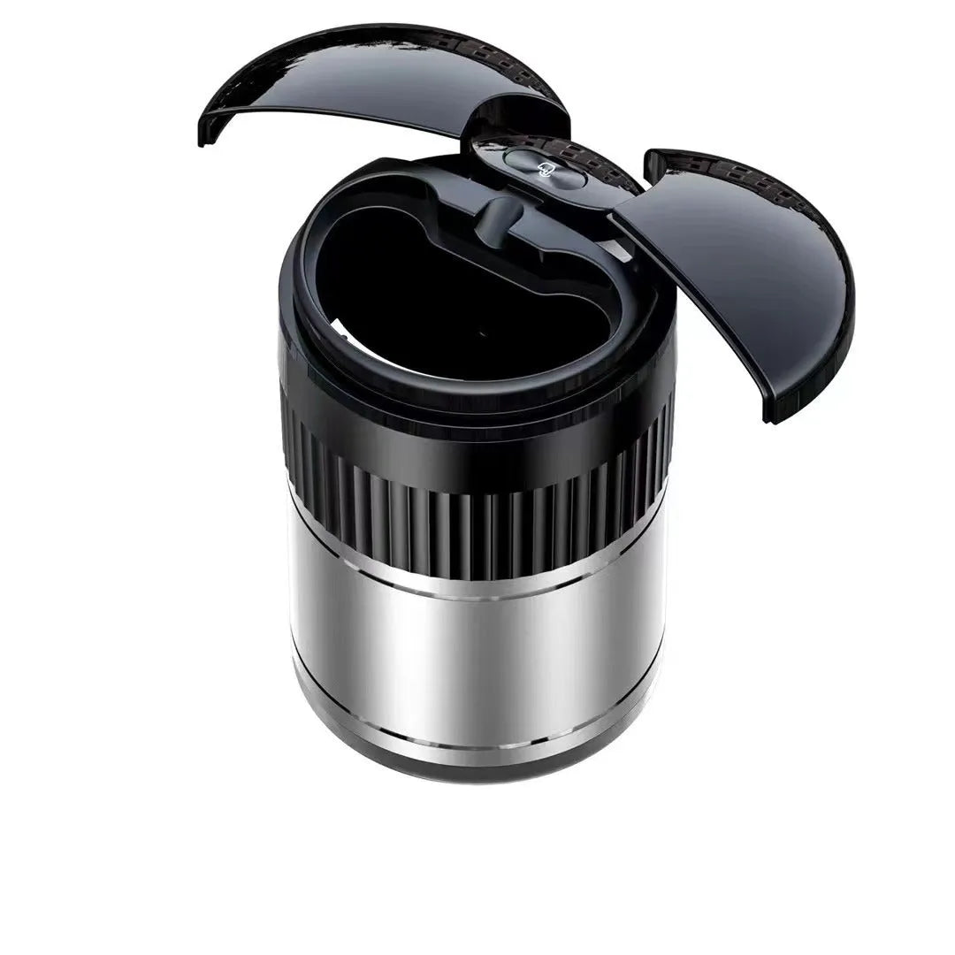 Smart infrared and touch control metal car ashtray with lid in black, measuring 113mm.
