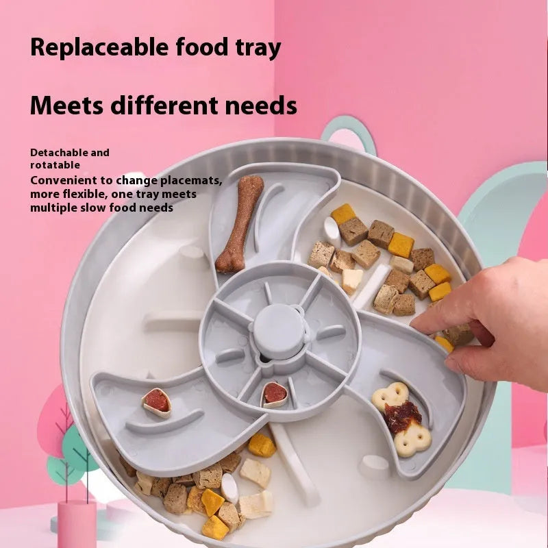 Pet slow feeder bowl with coloured plastic base and a textured silicone lick mat insert in a snowflake pattern.