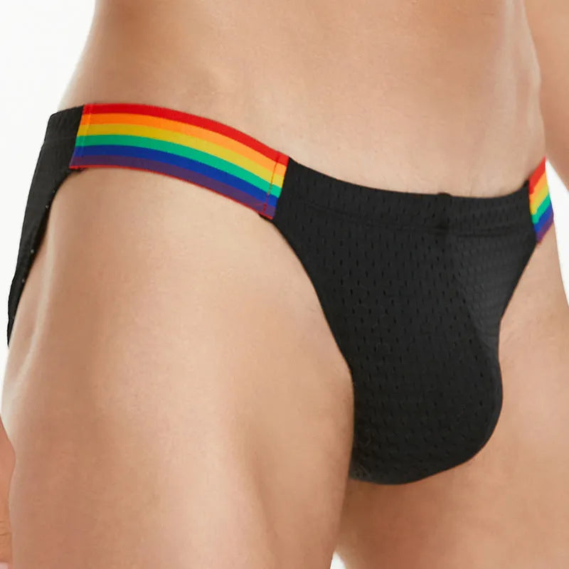 Men's nylon mesh briefs with low waist and rainbow waistband in black, dark blue, and white colours.