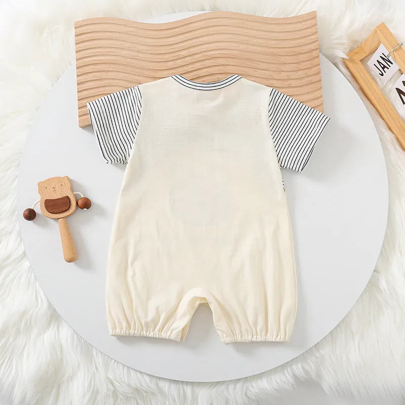 Cartoon bear print baby short sleeve romper in cotton pullover style, available in sizes 66cm to 90cm