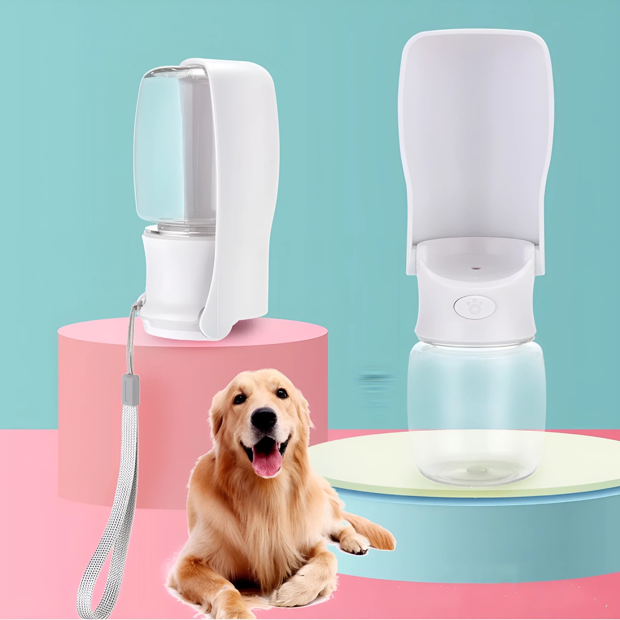 Blue foldable dog water bottle showing portable pet water dispenser in collapsed and expanded states.