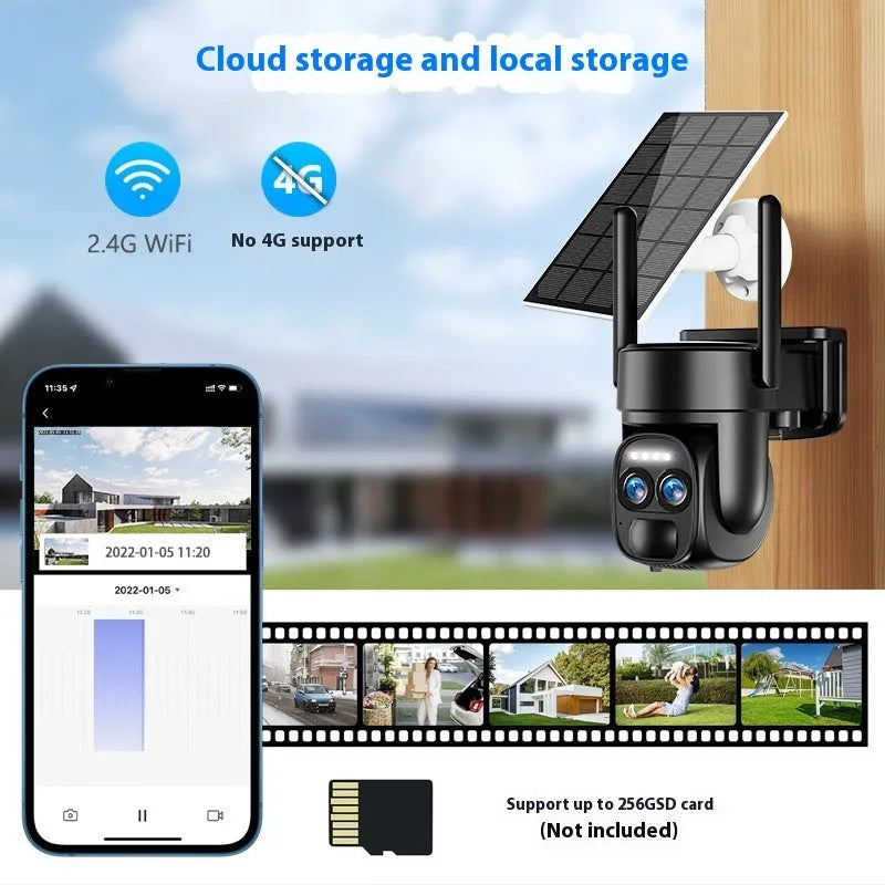 Solar-powered outdoor security camera with 8x zoom lens for household surveillance