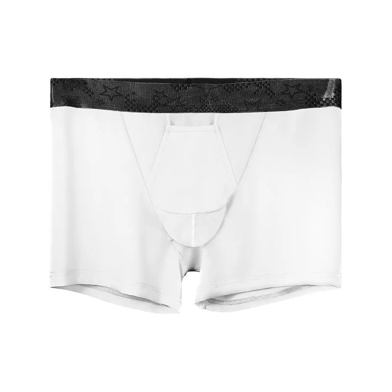 Men's ice silk nylon boyshorts underwear in black, shown laid flat.